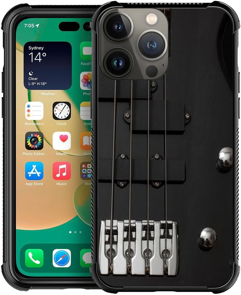CARLOCA Funda compatible con iPhone 15 Pro, cuerdas de bajo y guitarra, patrón negro, funda para iPhone 15 Pro, ultra protección, a prueba de