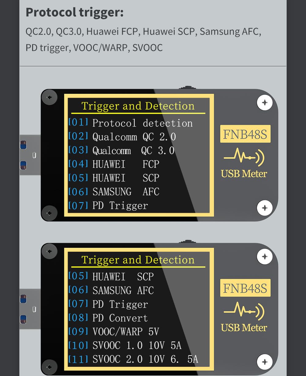 Probador USB FNB48S PD Gatillo Voltímetro Amperímetro Corriente y Voltímetro Probador USB QC4 + PD3.0 2.0 PPS Protocolo de Carga Rápida Prueba de