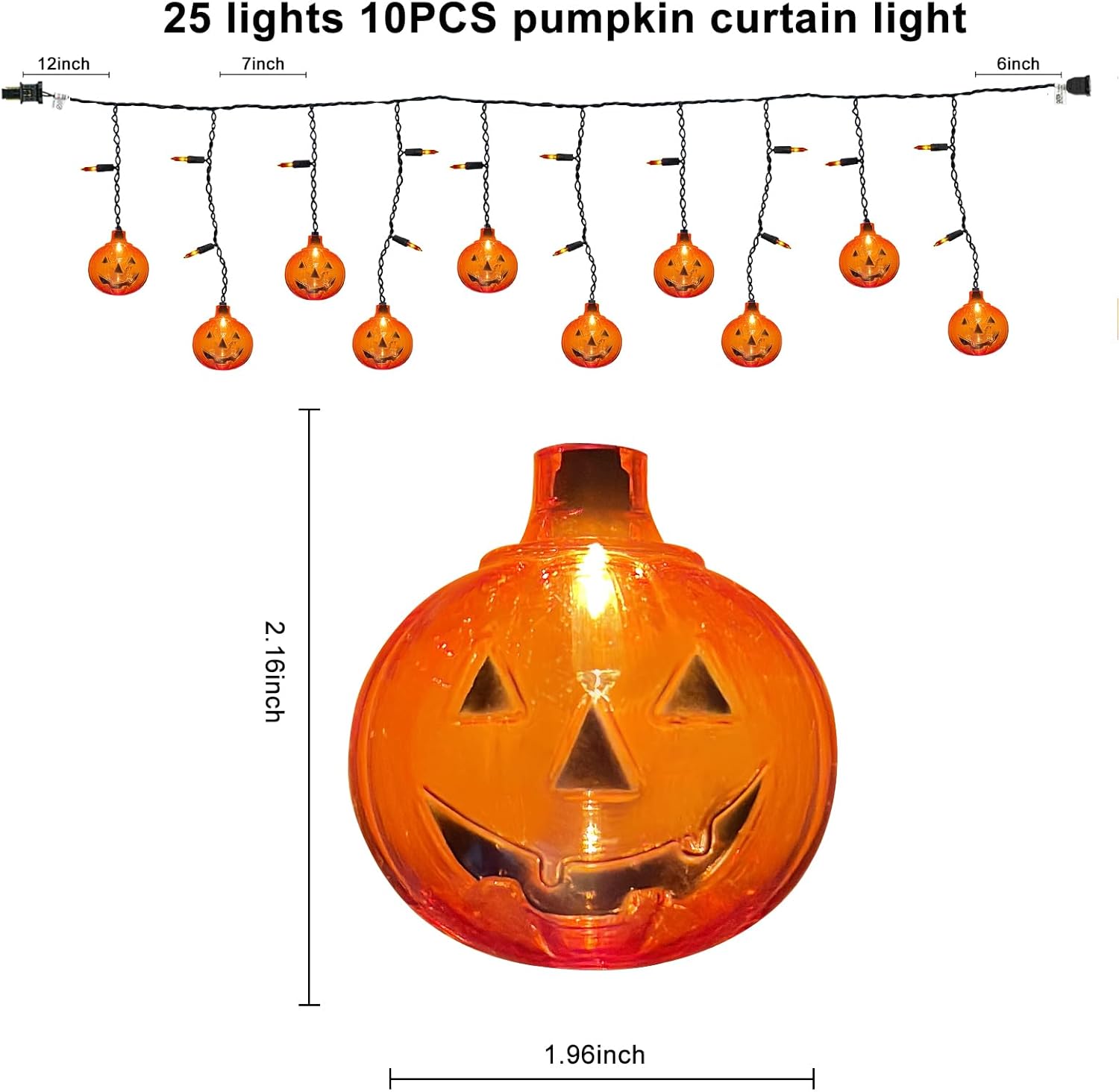 Konictom Cadena de luces de cortina de calabaza, tira de luces de calabaza de 7 pies enchufable con 10 mini calabazas y 25 mini bombillas,