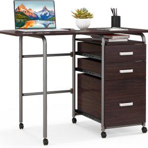 Giantex Escritorio plegable para espacio pequeño, escritorio de oficina en casa rodante con 3 cajones y ruedas universales con cerradura, escritorio Giantex Escritorio plegable para espacio pequeño, escritorio de oficina en casa rodante con 3 cajones y ruedas universales con cerradura, escritorio