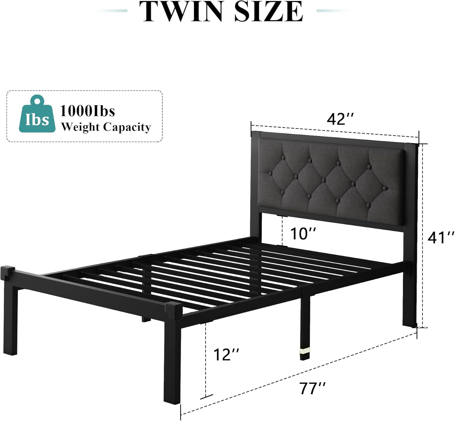 iPormis Marco de cama de metal tamaño individual, marco de cama de plataforma de lino con cabecera capitoné con botones, espacio debajo de la cama