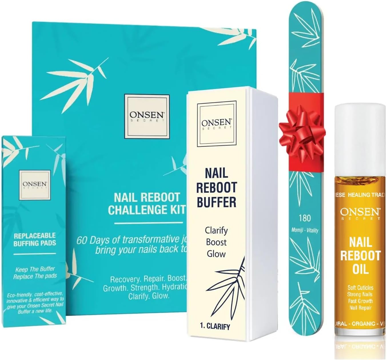 Onsen Secret Kit esencial de reinicio de uñas (aceite) lima de uñas profesional, bloque de pulido de uñas de 3 vías con almohadillas de repuesto