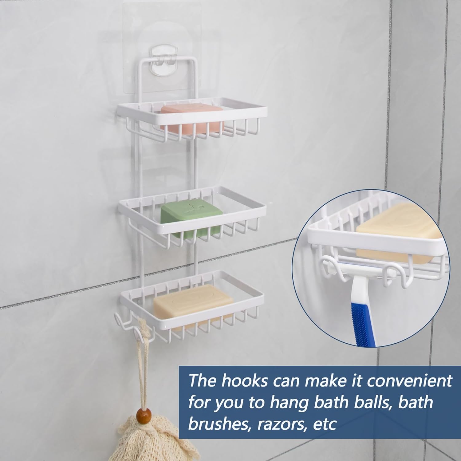 Soporte de jabón en barra para ducha, soporte de jabón de 3 niveles para pared de baño, soporte de barra de champú de acero inoxidable con 2 ganchos