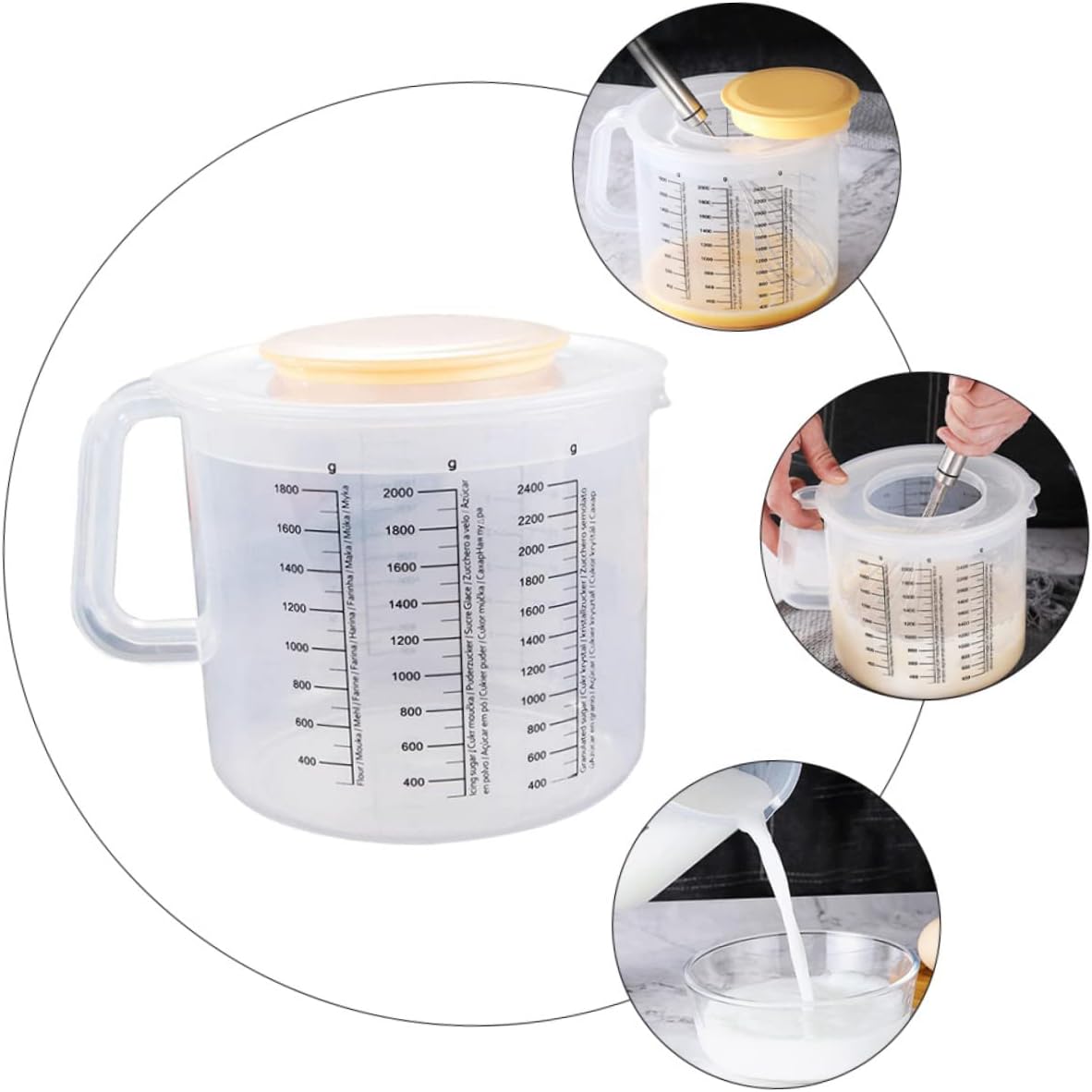 HEMOTON Tazón para mezclar con tapa, tazas de café medidas, con tapas, taza para hornear, manija, escala, marcado, taza graduada, taza para hornear,