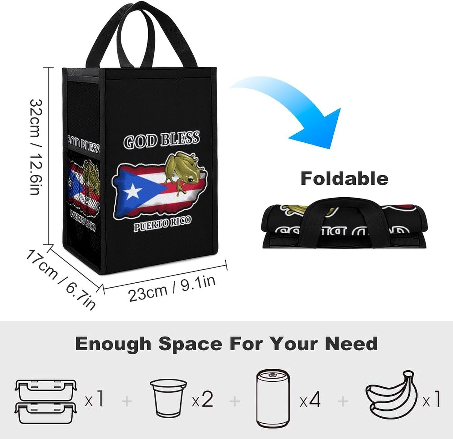 God Bless Puerto Rico – Bolsa de almuerzo aislada plegable, portátil, bolsa de almuerzo para hombres y mujeres