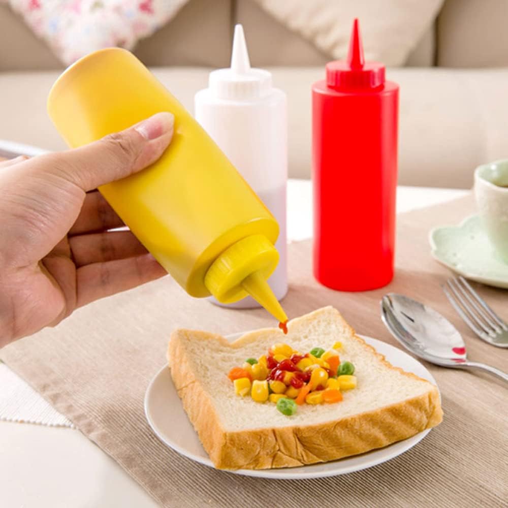 Botellas de plástico de 3 colores para salsa exprimible con tapas de boquilla, dispensadores de botellas de condimentos reutilizables para mostaza,