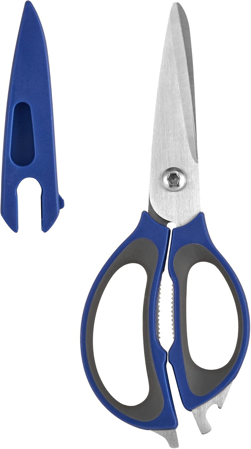 Copco Tijeras de cocina 4 en 1 de acero inoxidable de agarre suave con cubierta de cuchilla, 10.83 pulgadas, azul rey y gris