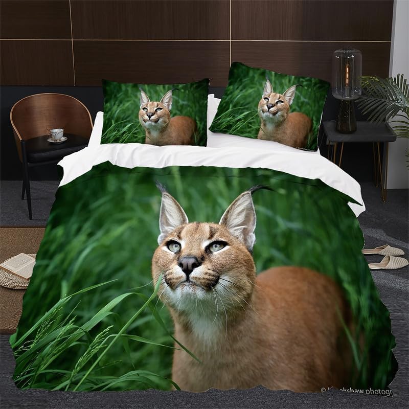 Dark Green Big Floppa King Duvet Cover Animal Print King Bedding Set Soft Microfiber Comforter Cover and 2 Pillow Shams 20″X36″, Bed Set Duvet