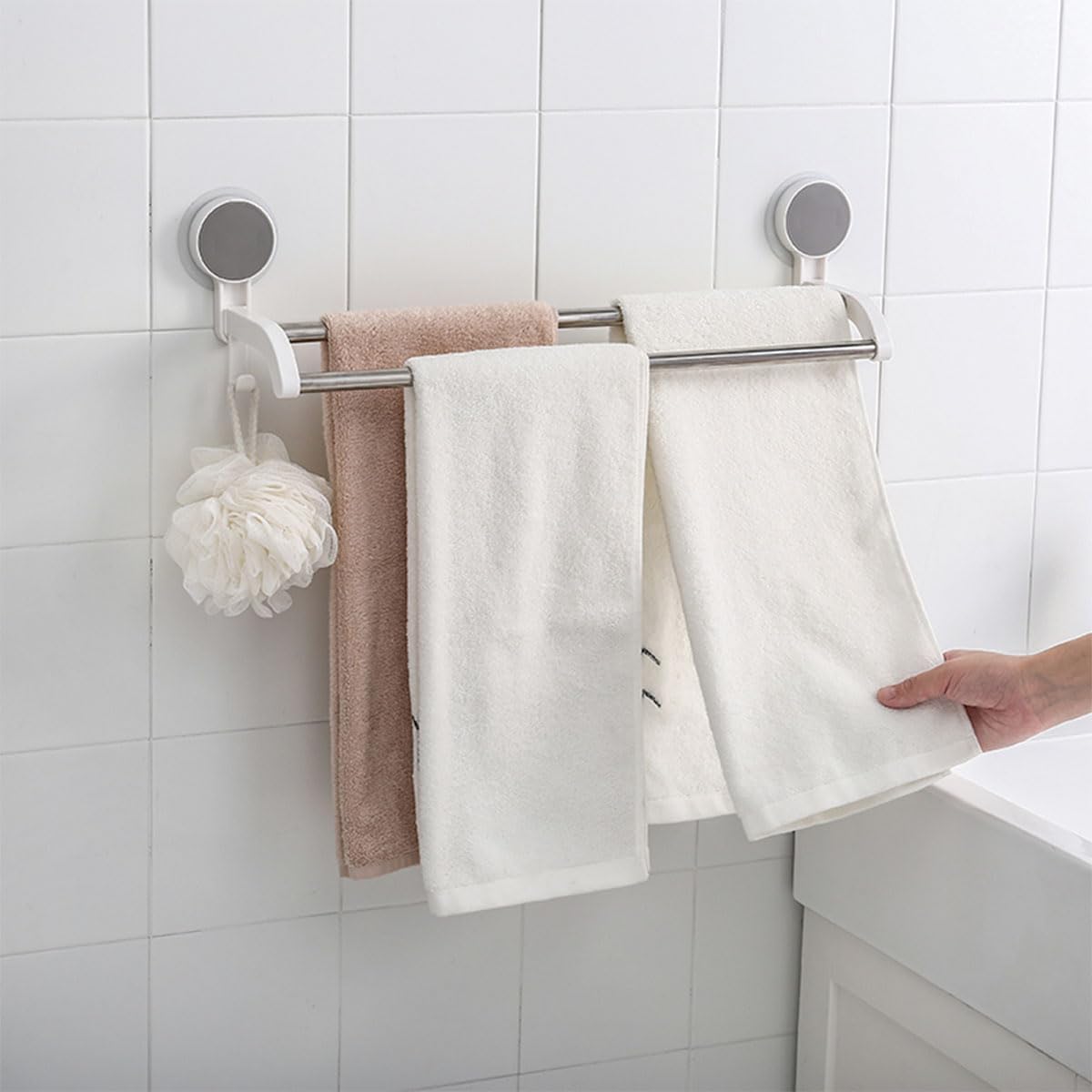 Cetomo Toallero de doble barra montado en la pared con 2 ganchos para ducha, puf, paño de limpieza, cepillo de cocina, baño, marco de plástico,