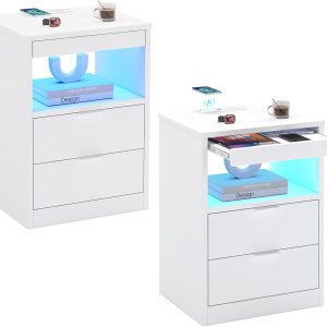 ADORNEVE Juego de 2 mesitas de noche LED, mesita de noche con estación de carga inalámbrica y luces LED, mesita de noche blanca con estante ADORNEVE Juego de 2 mesitas de noche LED, mesita de noche con estación de carga inalámbrica y luces LED, mesita de noche blanca con estante