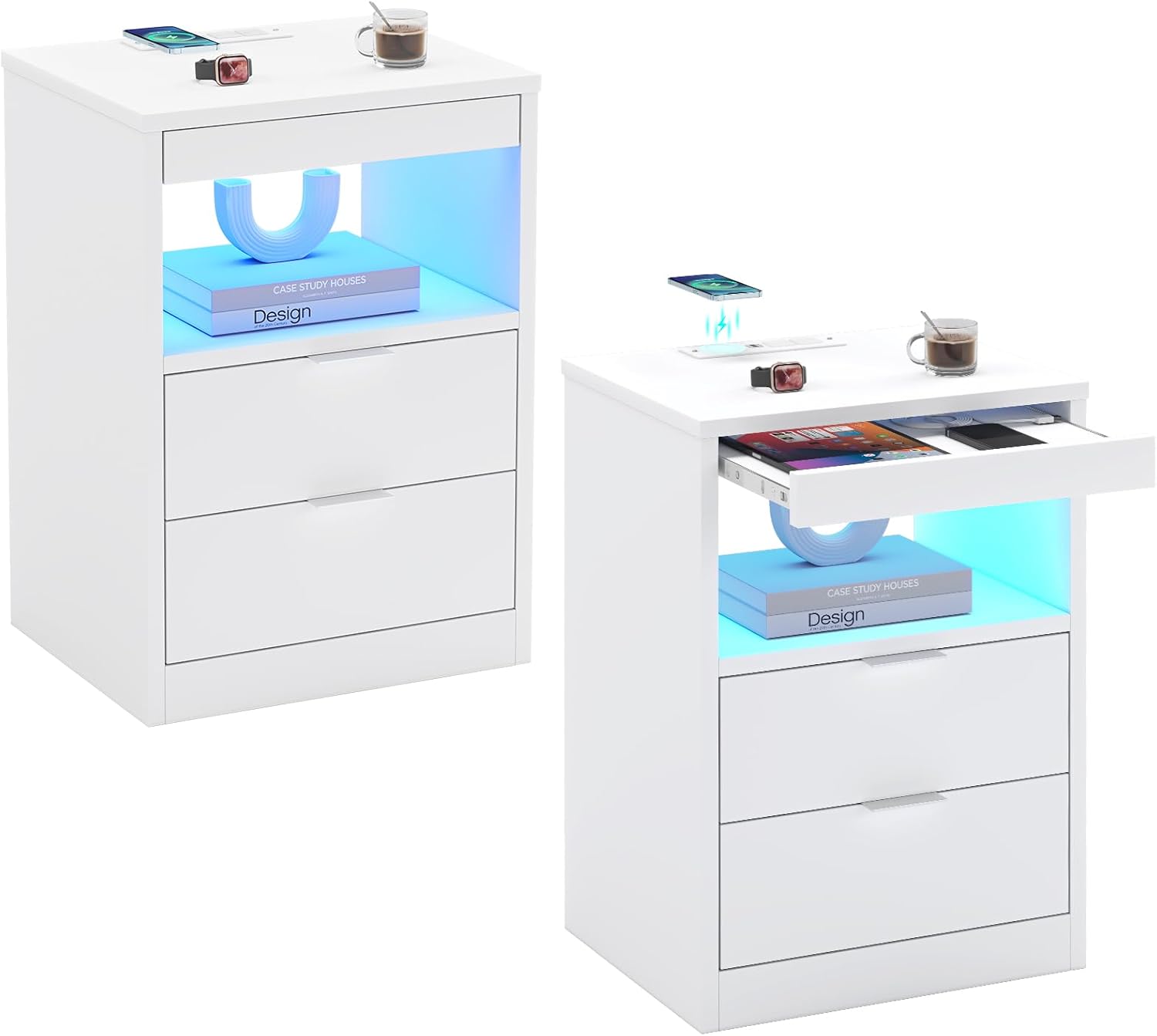 ADORNEVE Juego de 2 mesitas de noche LED, mesita de noche con estación de carga inalámbrica y luces LED, mesita de noche blanca con estante