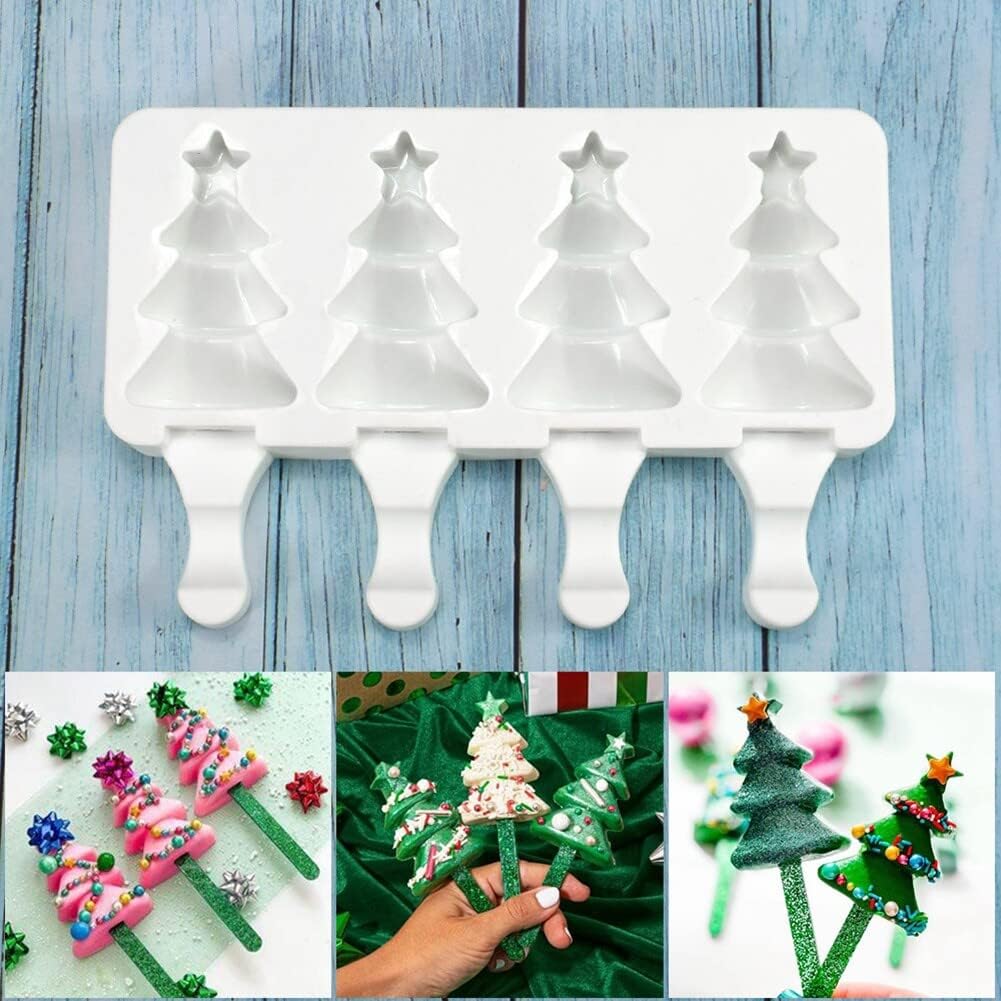 Moldes de paletas con forma de árbol de Navidad, moldes de silicona para paletas de 4 cavidades para niños y adultos, moldes para helados, moldes