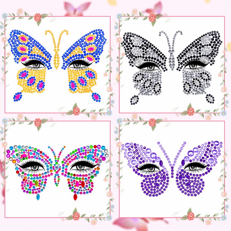 4 hojas de calcomanías para la cara, gemas de mariposa para festivales, fiestas, gemas de diamantes de imitación autoadhesivos, cristales para pegar