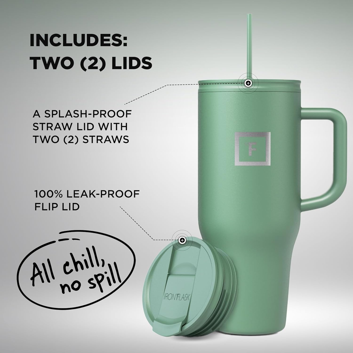 IRON FLASK Co-Pilot – Vaso aislado con popote y tapas abatibles, botella portavasos, para bebidas calientes y frías, a prueba de fugas, agua, taza