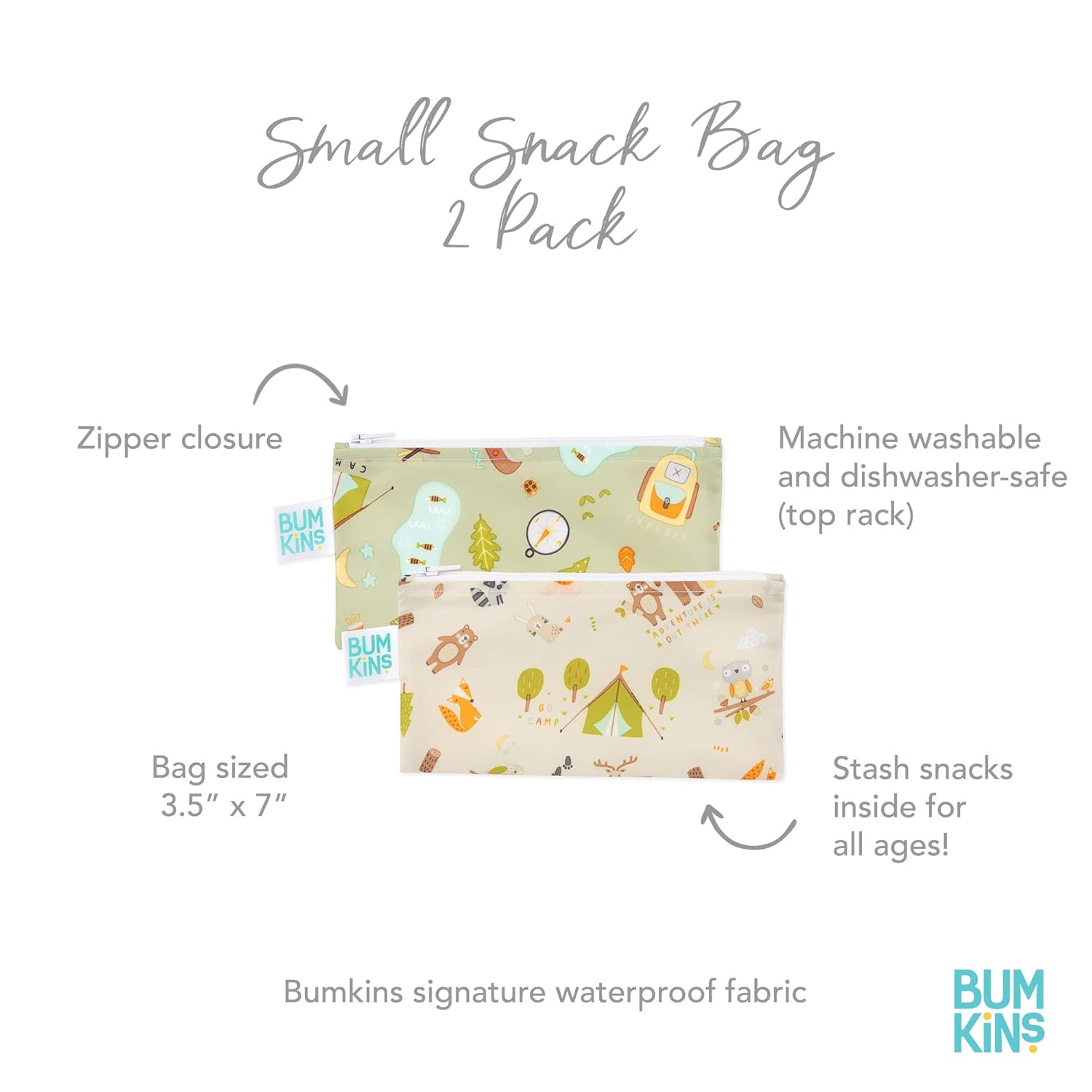 Bumkins Bolsas de aperitivos reutilizables, para el almuerzo escolar de niños y para adultos, tela lavable, bolsa de tela impermeable con
