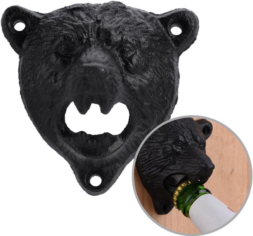 Raguso Abridor de hierro en forma de oso negro abridor de botellas de vidrio de soda de cerveza montado en la pared, herramientas de apertura de