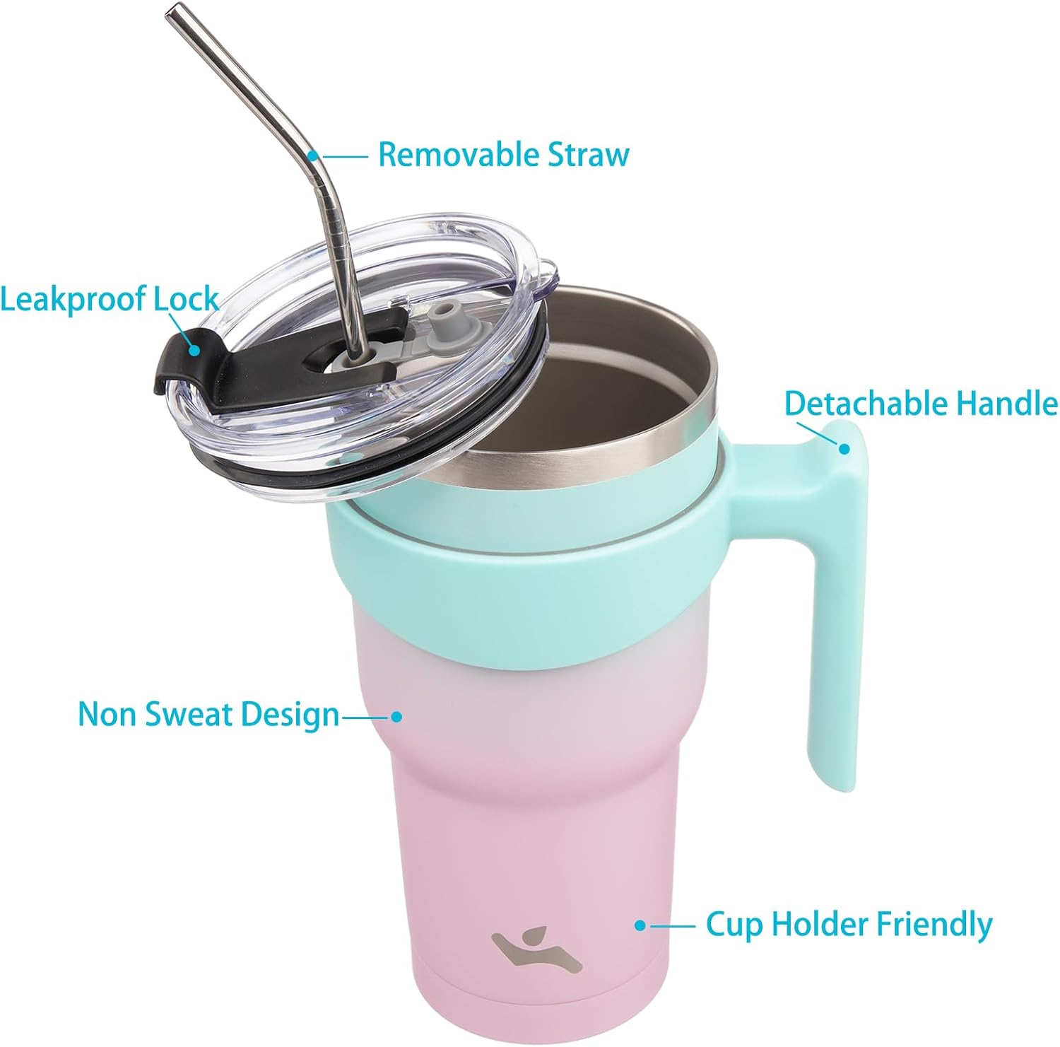 Konokyo Vaso de 30 onzas con asa y 2 pajillas, 2 tapas, botella de agua aislada de acero inoxidable al vacío, taza de viaje reutilizable, goma de