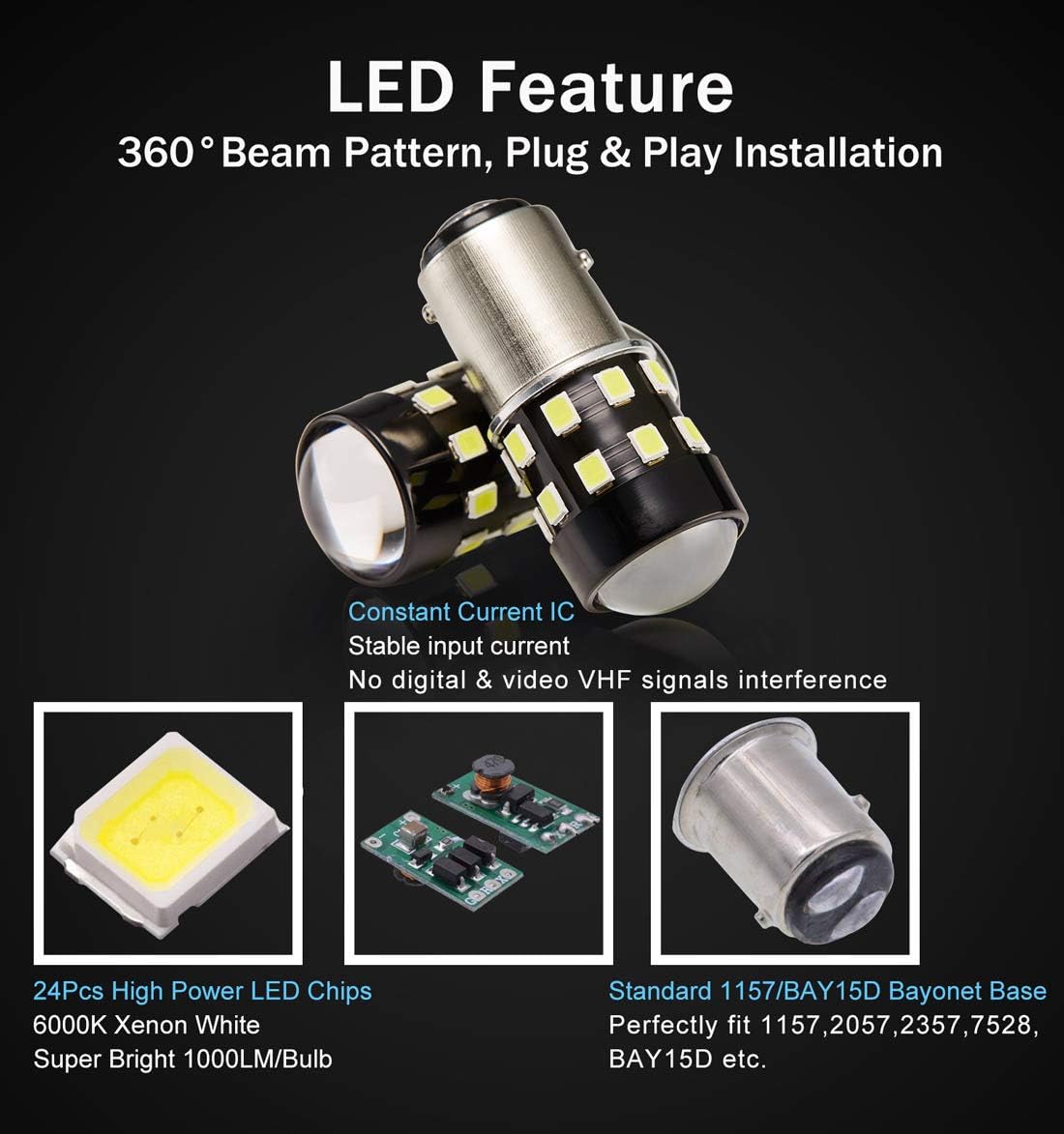 Bombillas LED BAY15D superbrillantes 1157 2057 2357 7528 BAY15D 6000K xenón blanco 24-SMD LED chipsets con proyector para luces de marcha atrás de