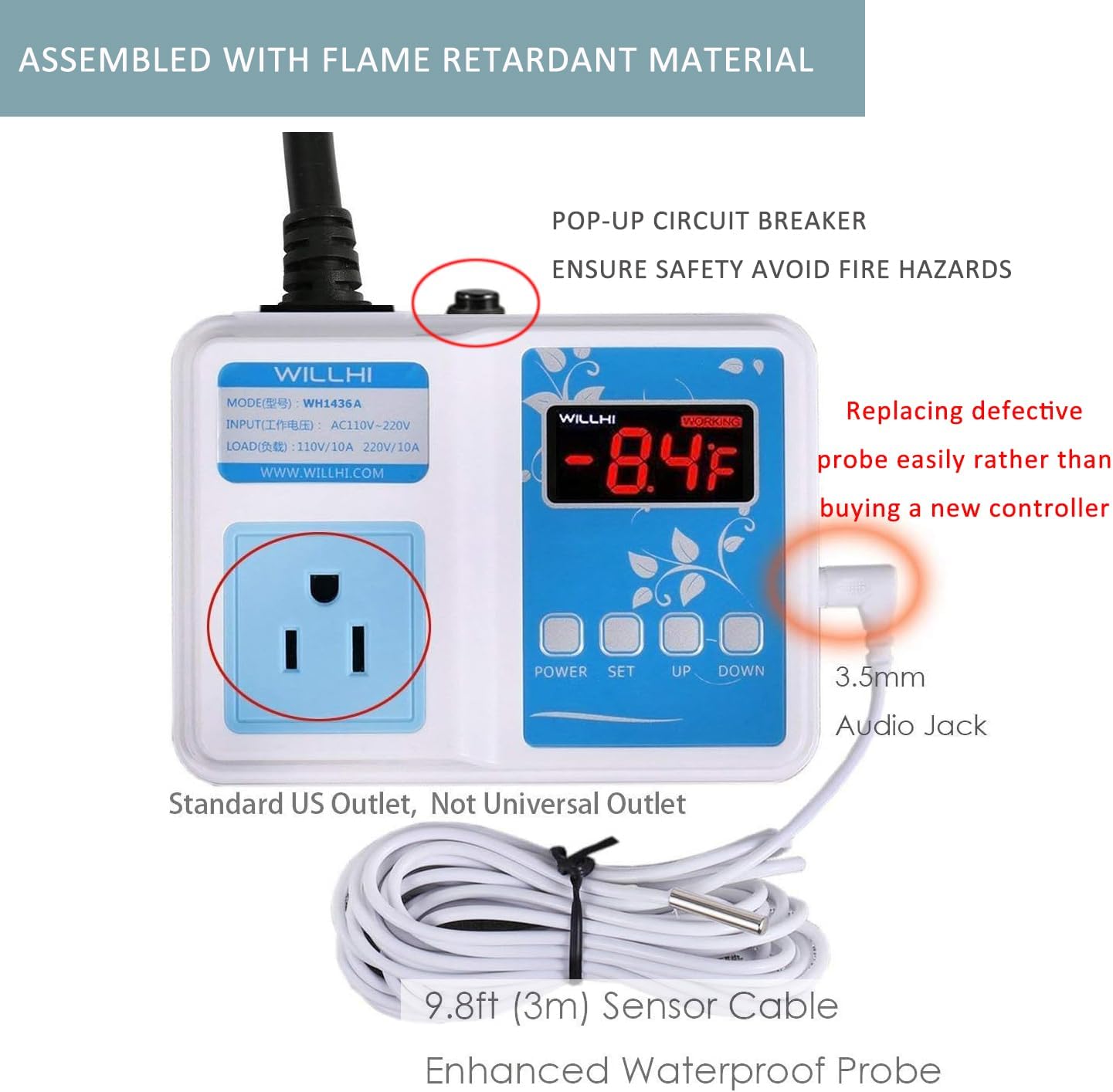 WH1436A Termostato Switch Sous Vide NTC 10K con sensor de termostato y conductor de temperatura 10K, versión mejorada