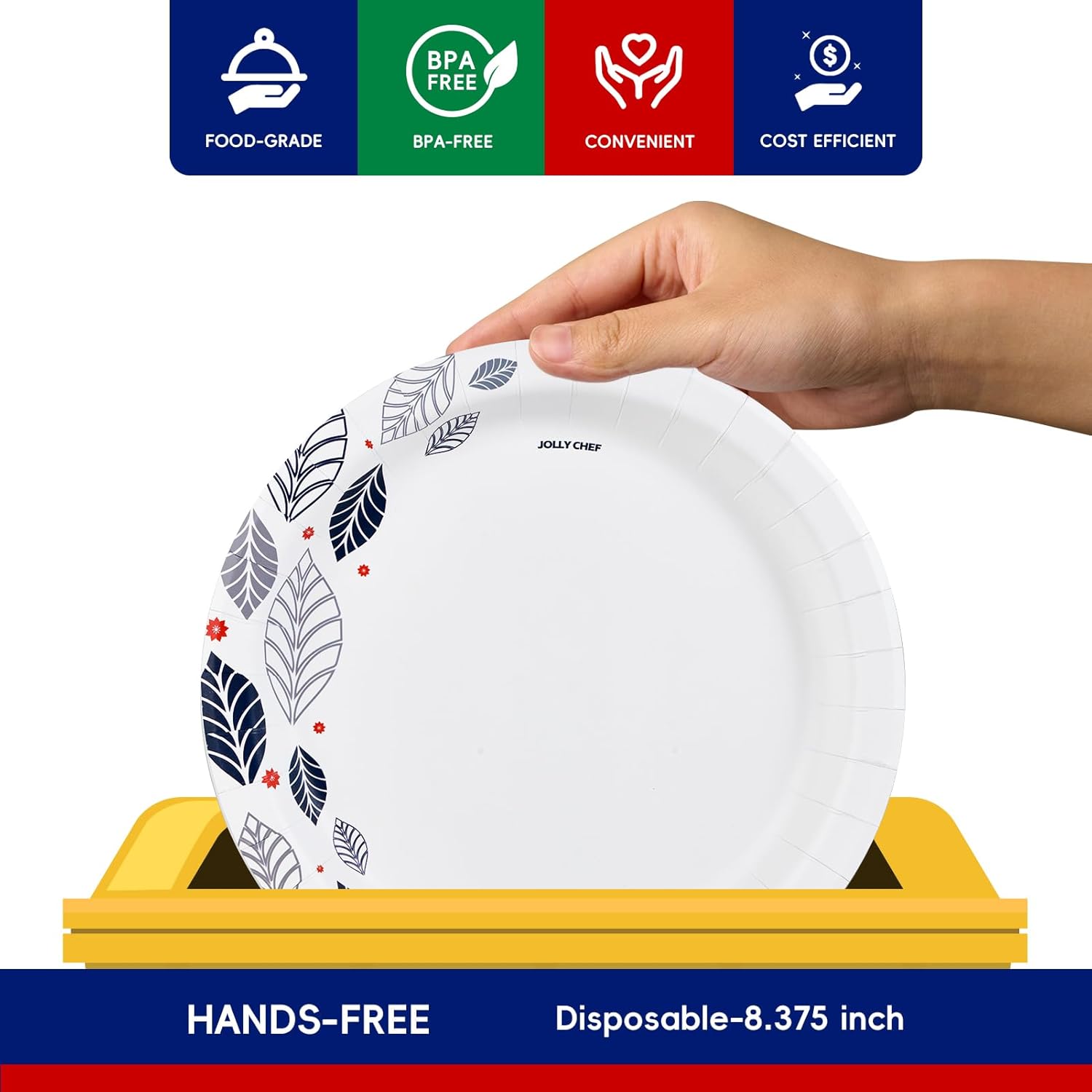 JOLLY CHEF 280 platos de papel de 8 pulgadas, a prueba de remojo, a prueba de cortes, platos de papel desechables impresos de hojas resistentes para