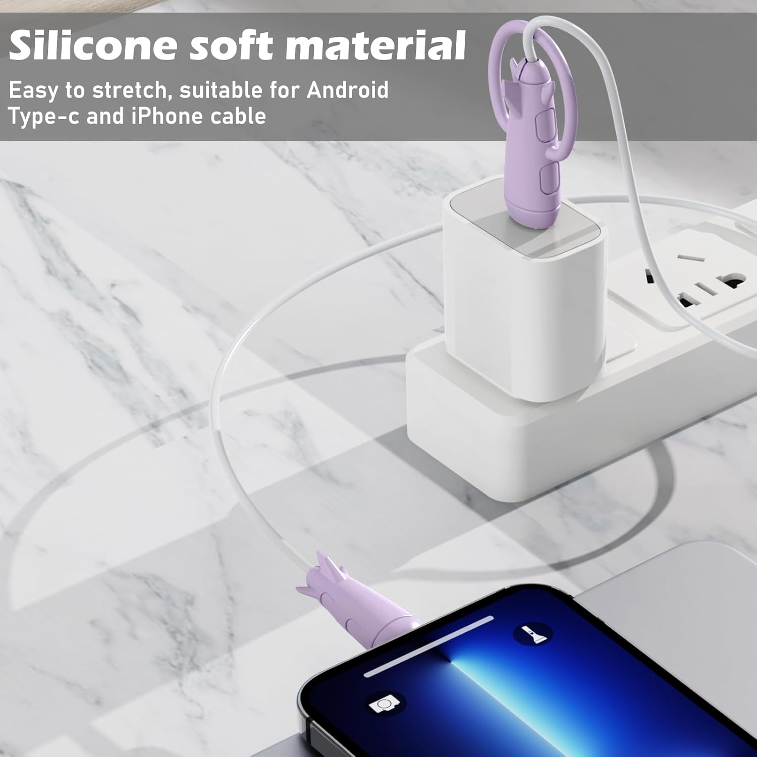 CameCosy Funda protectora de cable 2 en 1 compatible con iPhone, Android, cable USB tipo C, 2 unidades de silicona estirable para cargador de cable,
