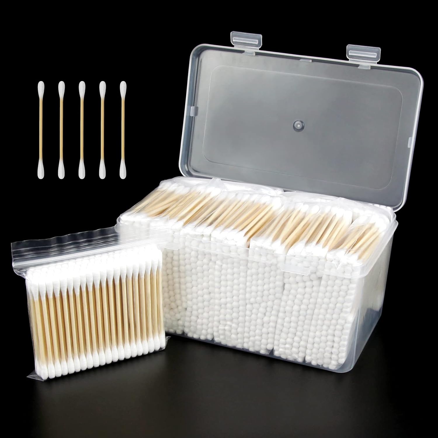 Hisopos de algodón de bambú, 1000 unidades, brotes de algodón orgánico natural para oídos, bastoncillos con una caja de almacenamiento incluida,