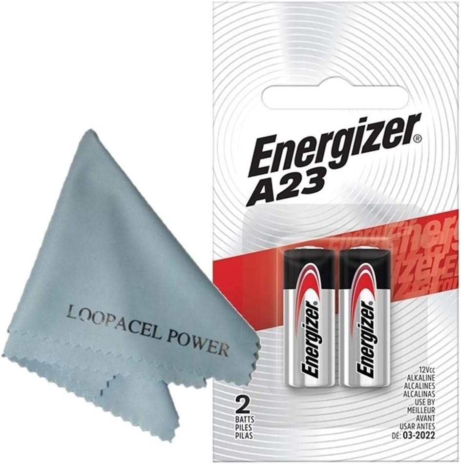 Paquete de 2 pilas alcalinas Energizer A23  con paños de limpieza de microfibra de la marca Loopacell Ultra Smooth