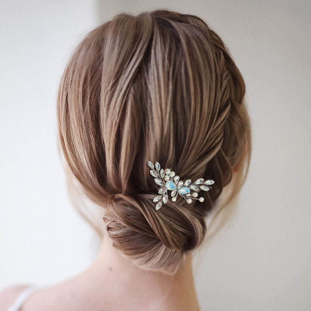 Casdre Peine de cristal para el cabello de novia, ópalo plateado, diamantes de imitación, peine lateral de boda, pieza de pelo con perlas,