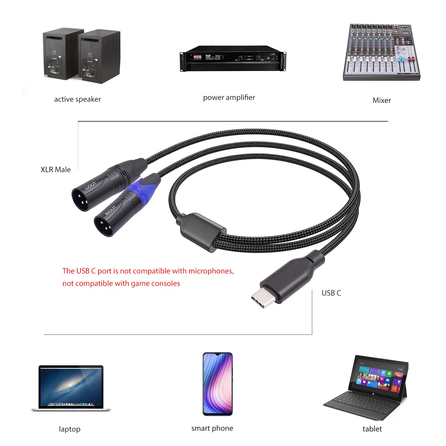 Cable de audio USB C a doble XLR macho, cable de audio USB C a 2 XLR macho de 6 pies, cable USB tipo C a 2 XLR macho, conexión USB, altavoz activo,