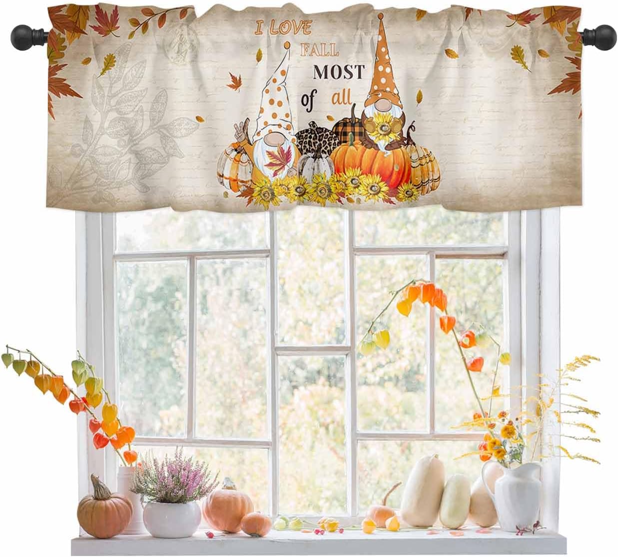 Cenefa de cortina de cocina de gnomo de otoño, cenefa de cortina de calabaza de Acción de Gracias, bolsillo para barra, 1 panel de cenefas pequeñas