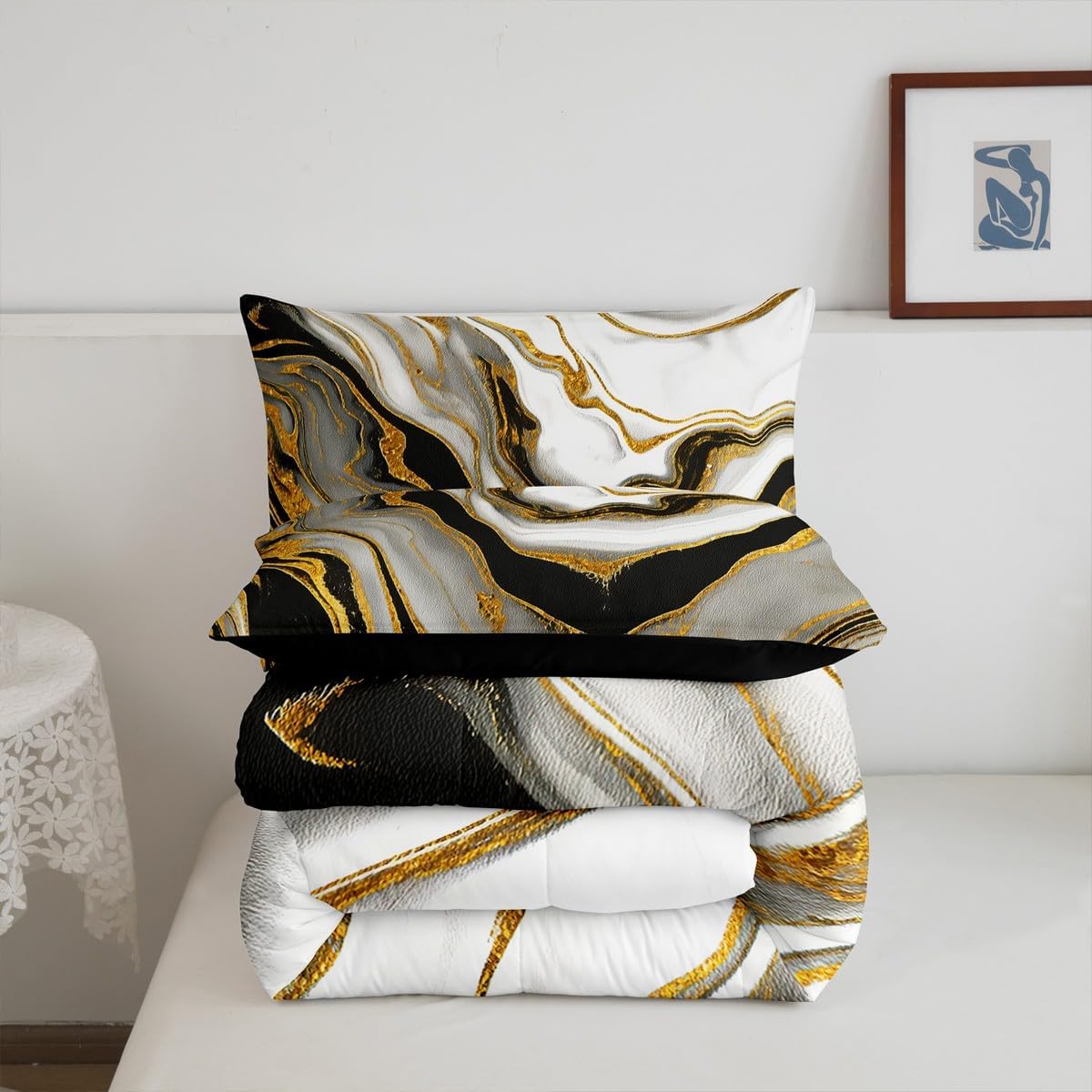 Erosebridal Juego de edredón abstracto tamaño Queen, juego de ropa de cama de acuarela negro y gris, juego de cama de mármol mármol con estampado