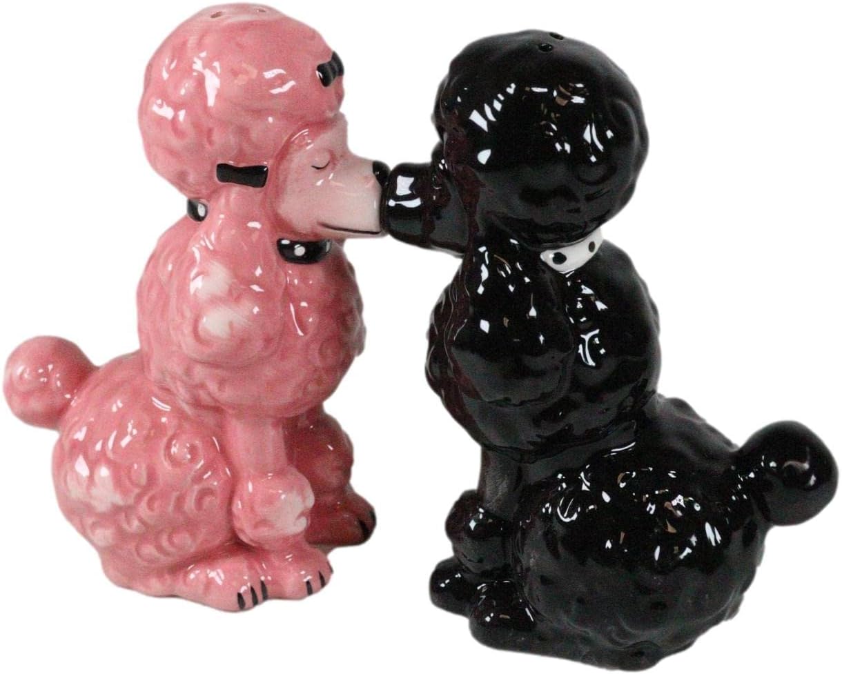 Ebros Gift Chien Canne – Juego de figuras de cerámica para perros de alta moda, color negro y rosa, salero y pimentero, 4 pulgadas de alto, para
