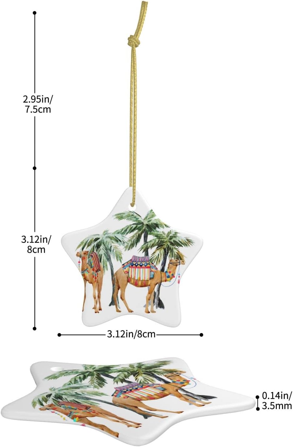 Adorno colgante de Navidad en forma de estrella de cerámica, camellos bajo palmeras, adorno colgante personalizado para árbol de Navidad