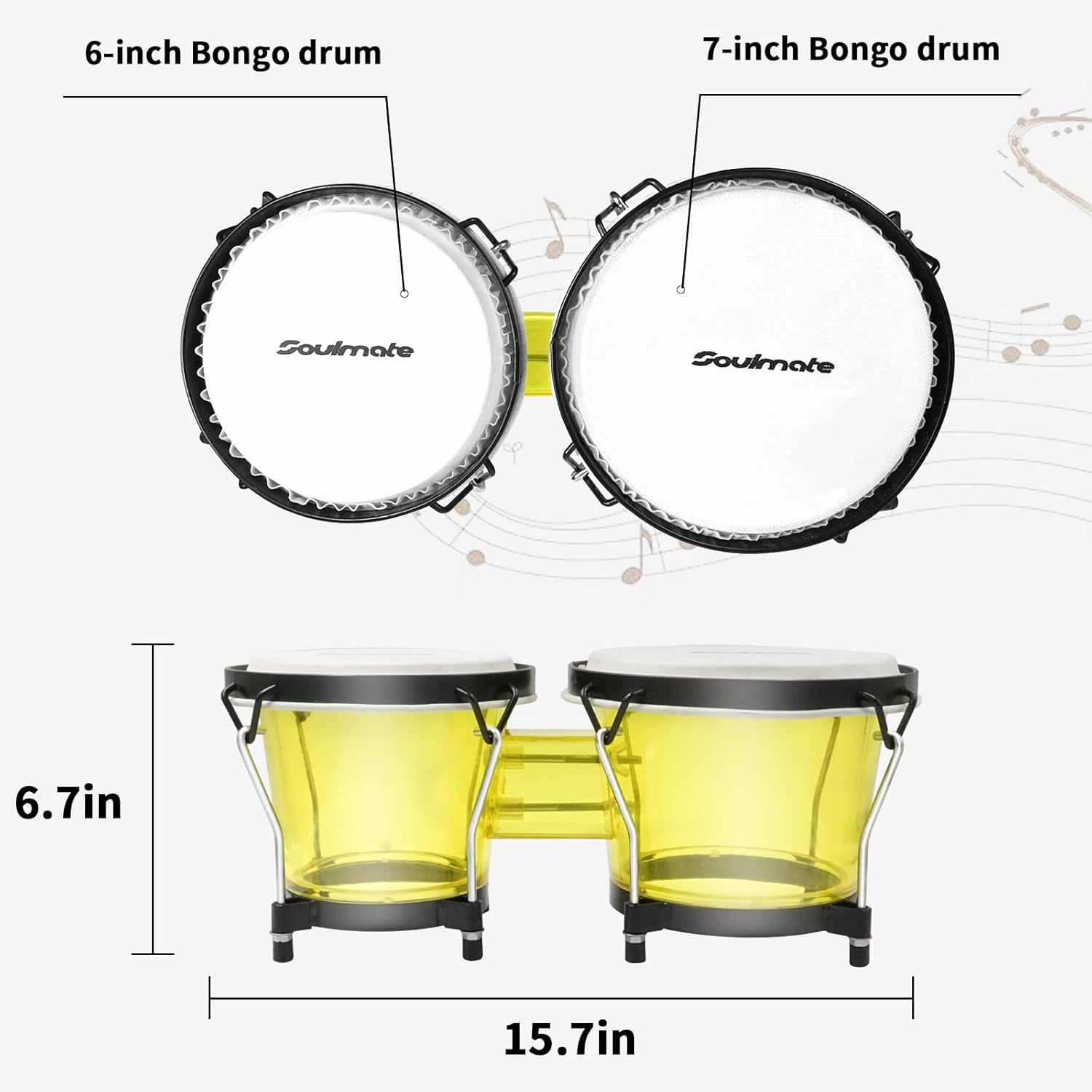 Soulmate Bongo – Juego de tambores de 6 y 7 pulgadas para niños, principiantes, adultos, profesionales, instrumento de percusión transparente con
