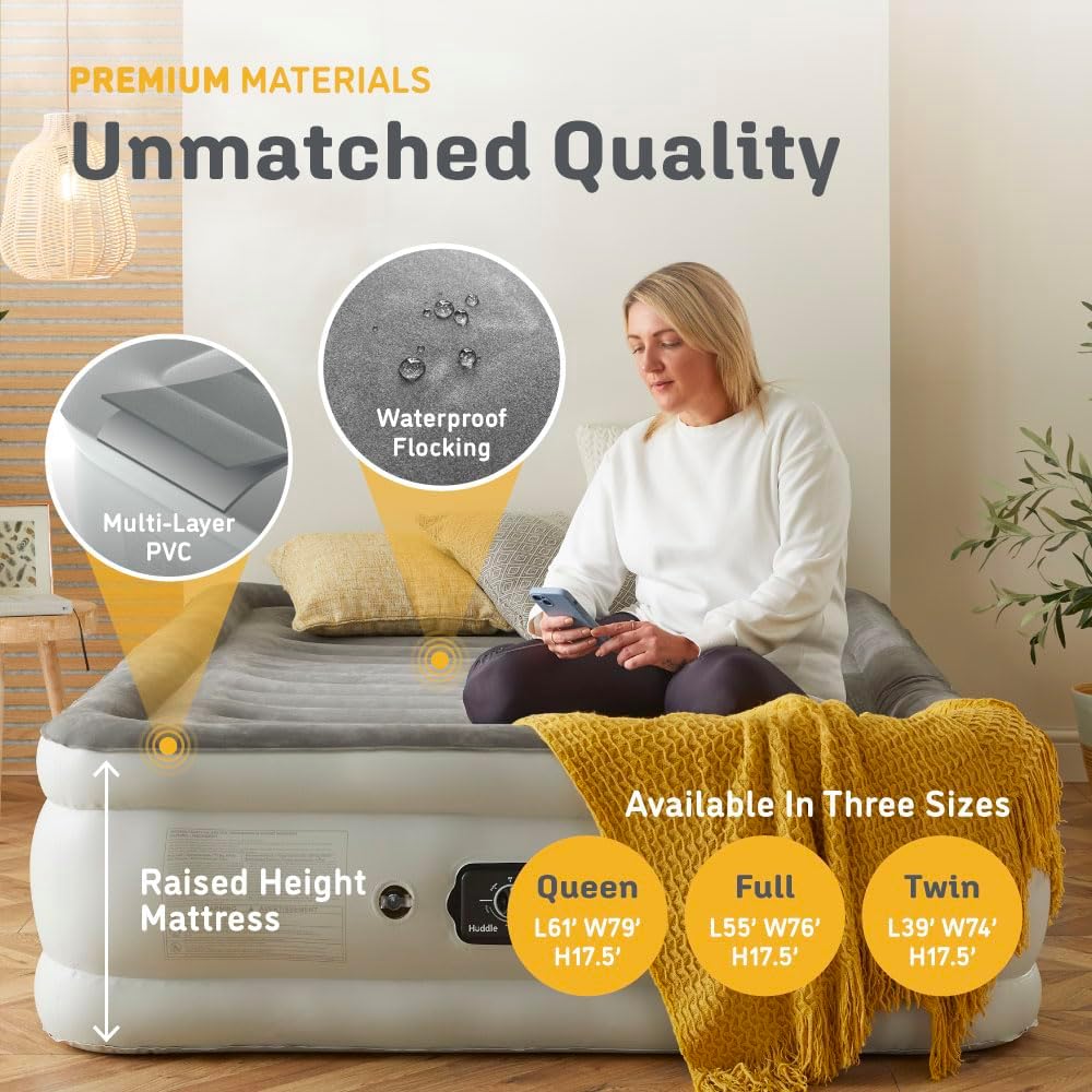 Huddle Cama de aire de lujo con tecnología patentada de doble bomba SlumberGuard Premium  Tecnología de cama de aire autoinflada y antidesinflado