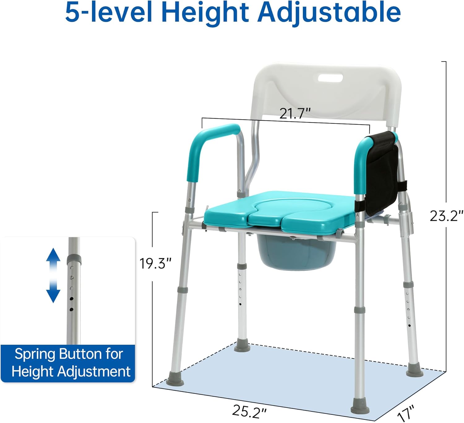 Asiento de inodoro elevado con reposabrazos y respaldo, Elevador de asiento de inodoro elevado, Silla médica de mesita de noche, Silla de ducha con
