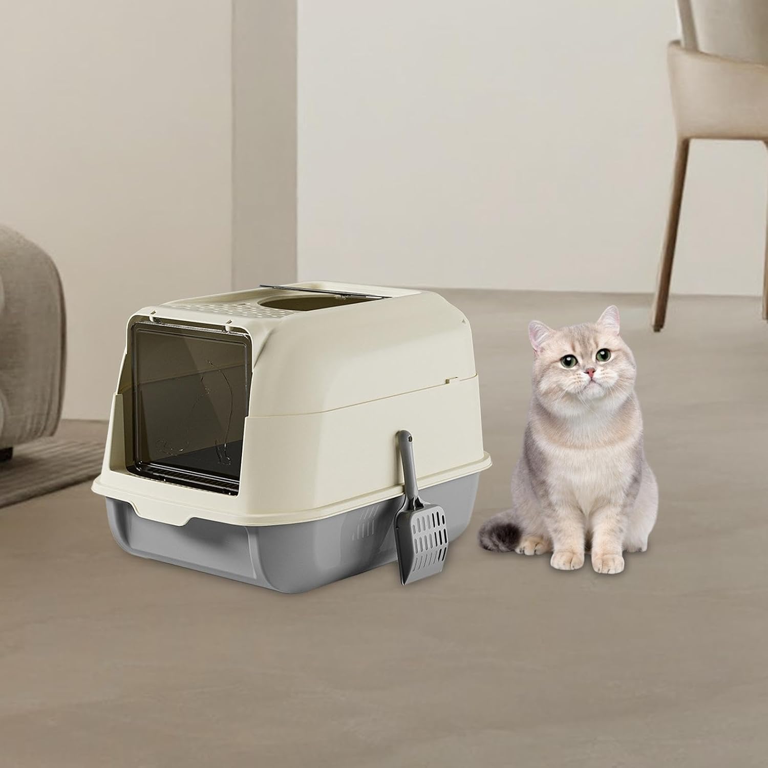 Caja de arena para gatos con tapa, inodoro para gatos, bandeja de arena de espacio grande cerrada con doble puerta, orinal para gatos en crecimiento