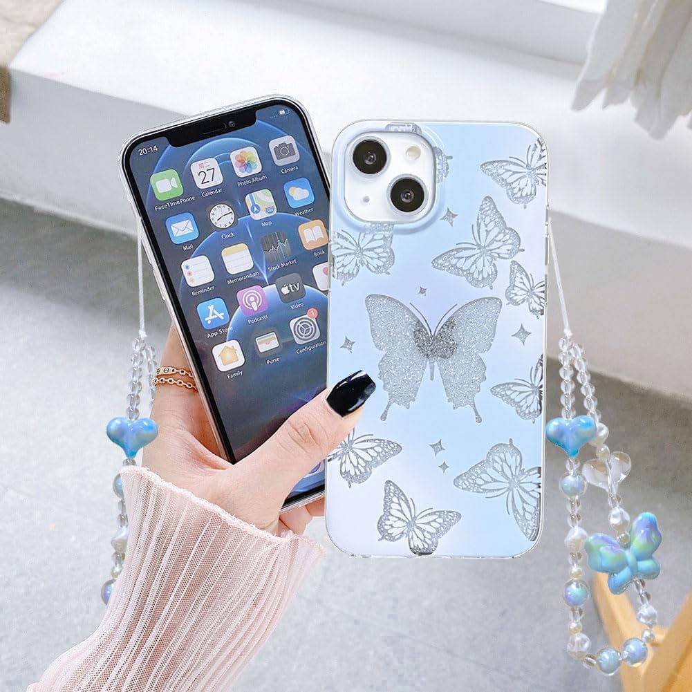 Abbery Funda diseñada para iPhone 1314, con brillantina, bonita transparente, con diseño de mariposa con correa para la muñeca, color morado y azul