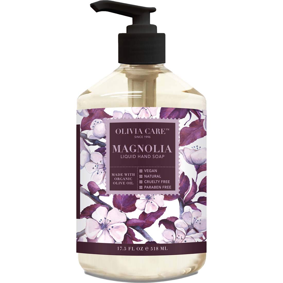 OLIVIA CARE Jabón líquido de manos con magnolia y aceites esenciales. Todo natural, limpia, lucha contra los gérmenes, hidrata el lavado de manos