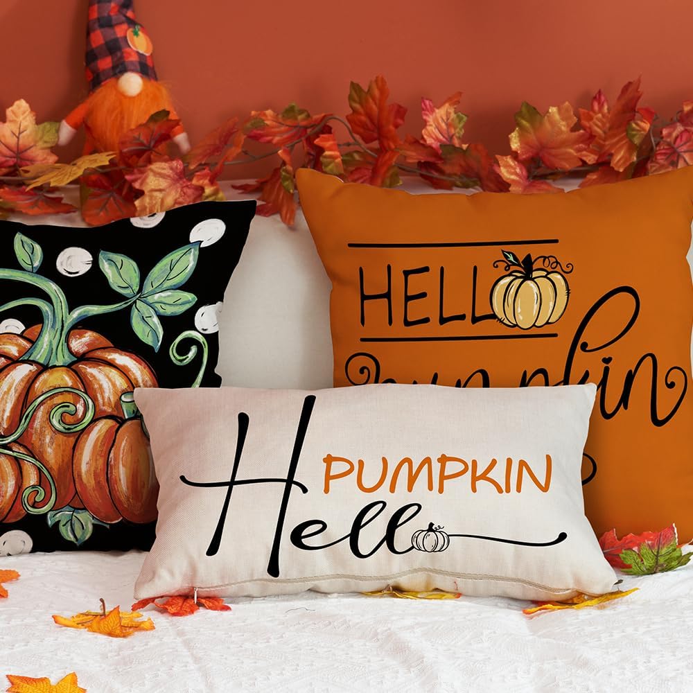 DFXSZ Fundas de almohada de otoño de 12 x 20 pulgadas, funda de cojín de calabaza con texto en inglés “Hello Pumpkin”, decoración de otoño, para