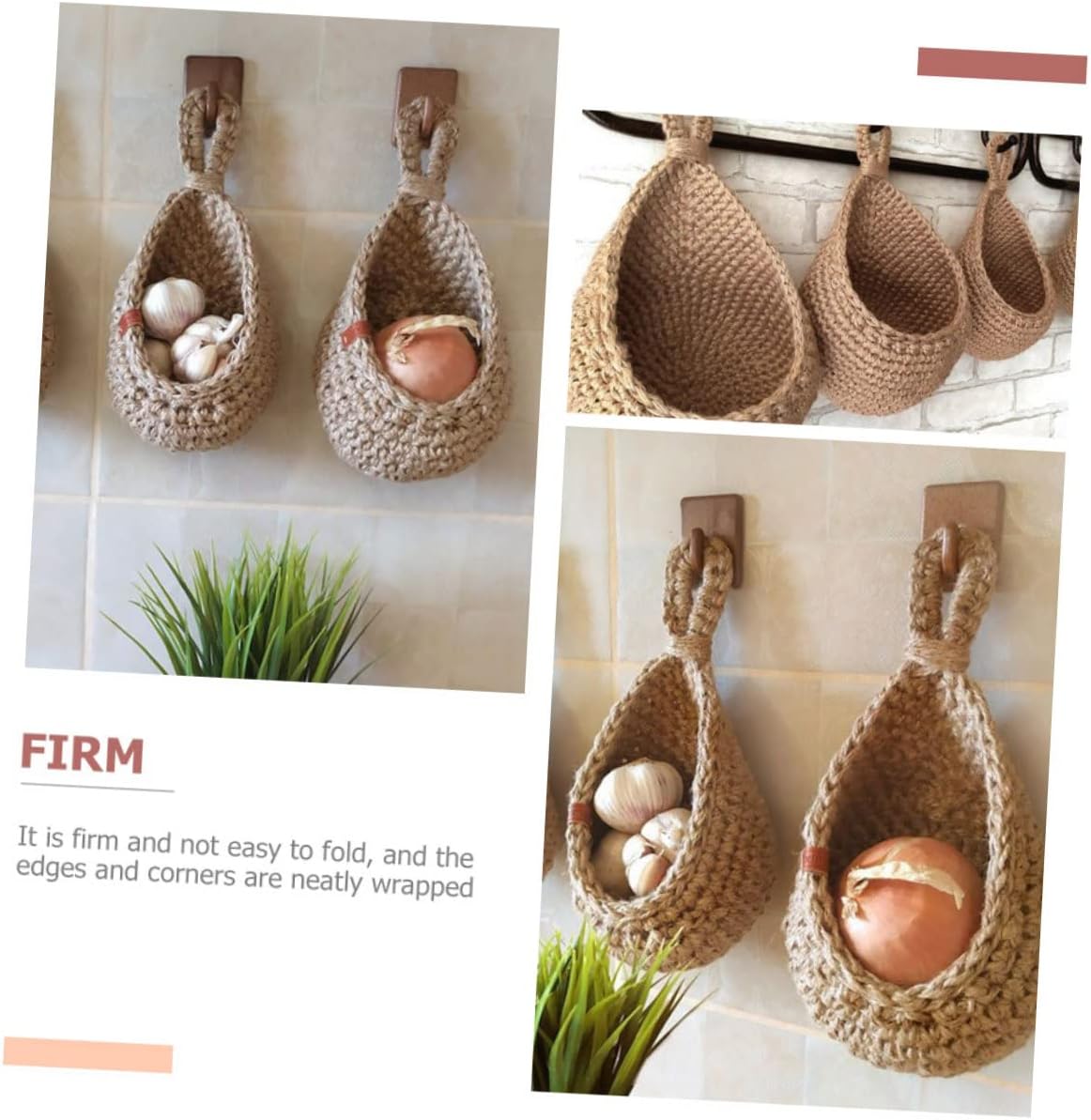 Housoutil 2 cestas colgantes tejidas para plantas de pared, cesta de frutas y verduras, cesta de frutas colgantes, macetas de pared de red, cesta de