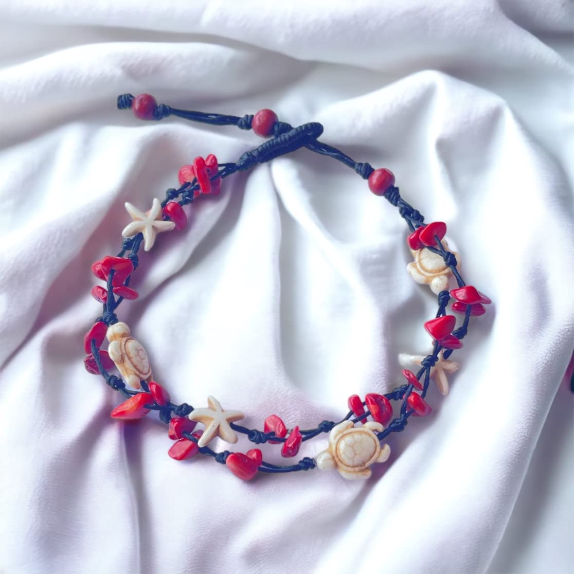 Anklet Stone Handmade Braided Rope Ankle Natural stone Turtle Starfish dolphin for Women Girls (Red Agate turtle starfish)