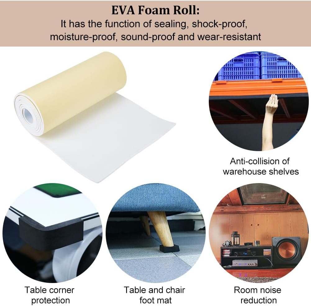 BENECREAT Rollo de espuma EVA autoadhesivo blanco de 78.7 x 12 pulgadas, hojas de espuma de tapicería de 0.197 in de grosor para manualidades de