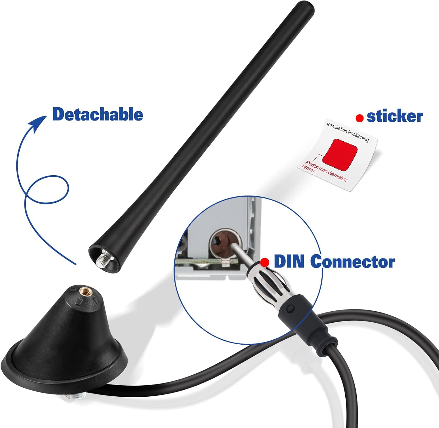 Eightwood Antena de radio AM FM estéreo para automóvil, reemplazo de antena universal para montaje en techo con base de montaje de 16 pies cable de