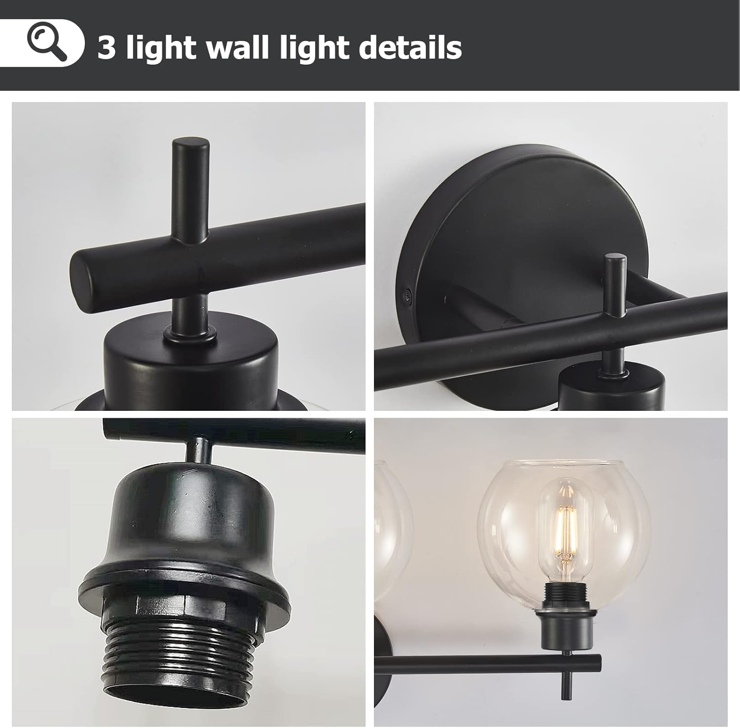 Seteline Luces de tocador de baño de 3 luces, lámparas de baño negras con pantallas de globo de vidrio transparente, accesorio de iluminación de