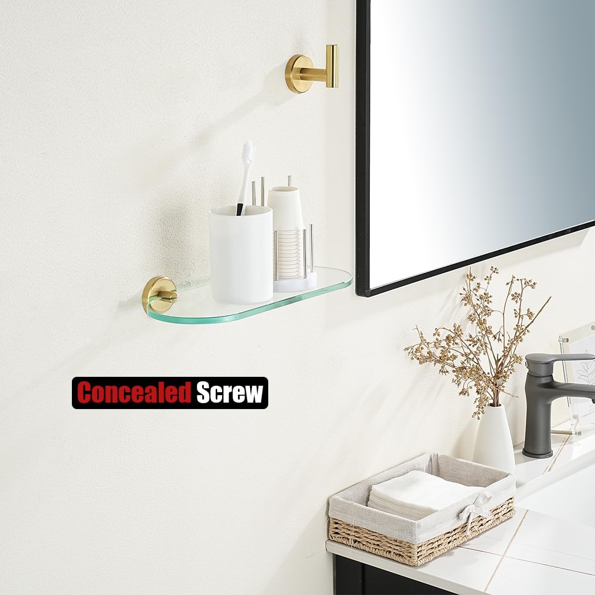JQK Estante de vidrio para baño dorado, almacenamiento de ducha de vidrio templado de 12 x 5 pulgadas, montaje de pared dorado cepillado de acero