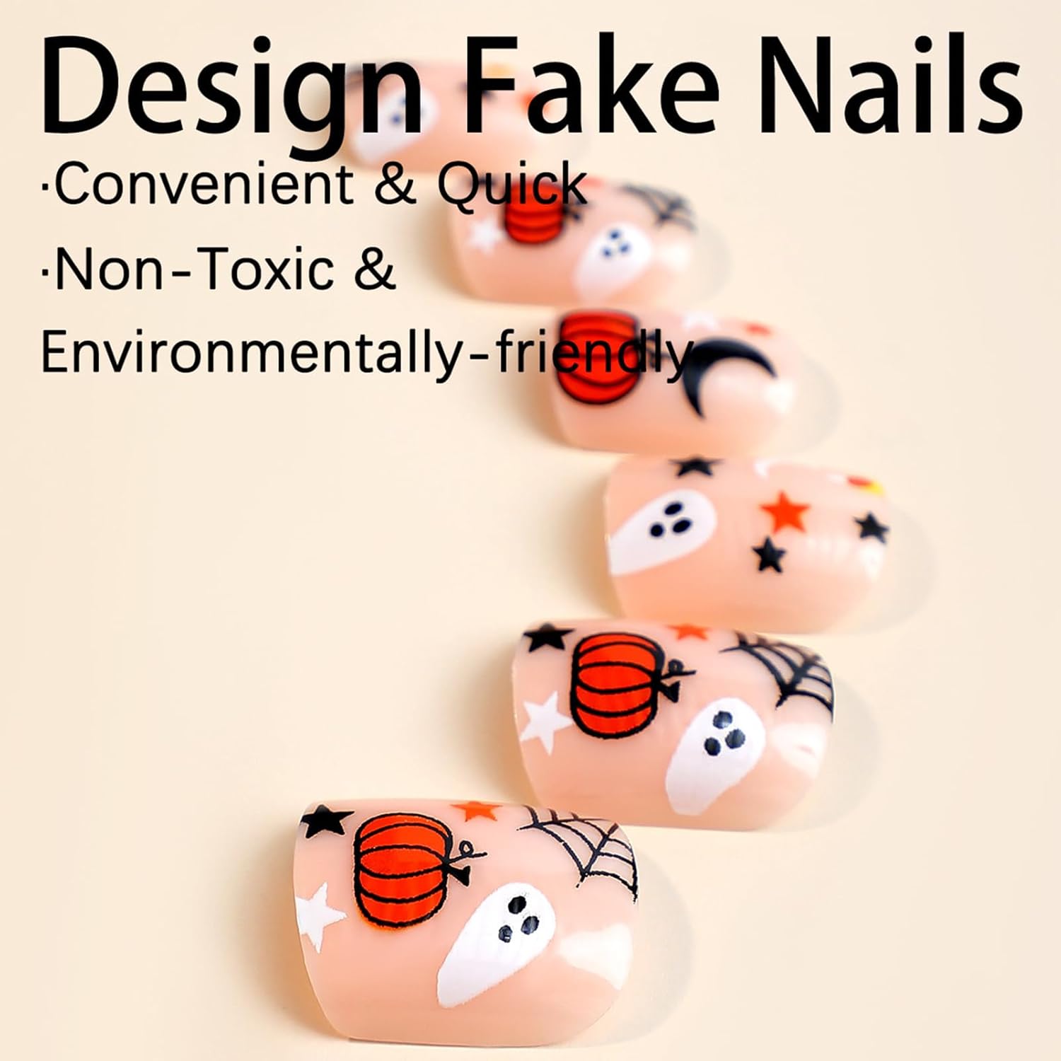 Uñas postizas a presión para Halloween, cuadradas, cortas, ataúd, estrellas, calabaza, bonitas, espeluznantes, murciélagos, pegamento en las uñas