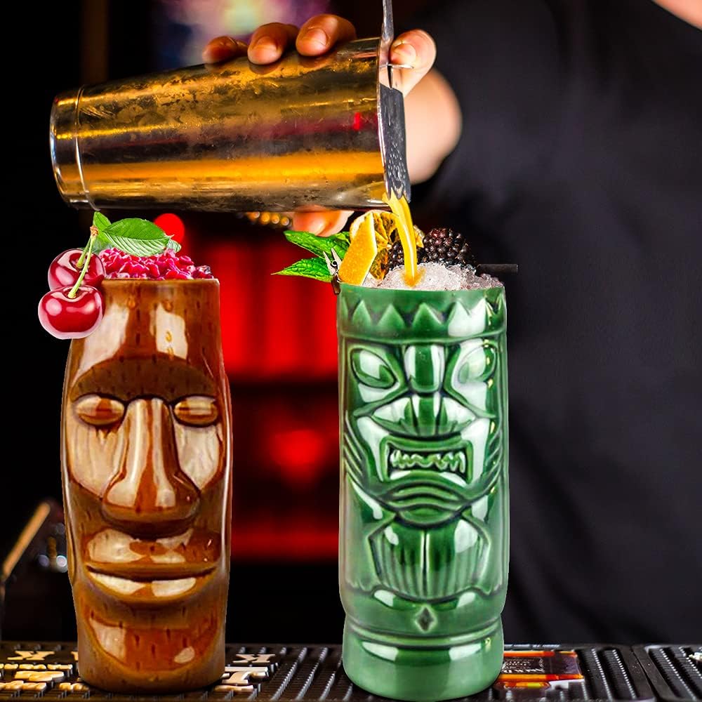 Tiki Mugs – Juego de 4 tazas de cóctel de cerámica hawaiana Luau para fiesta, vasos de cóctel exóticos, Tiki Bar profesional hawaiano para fiestas,