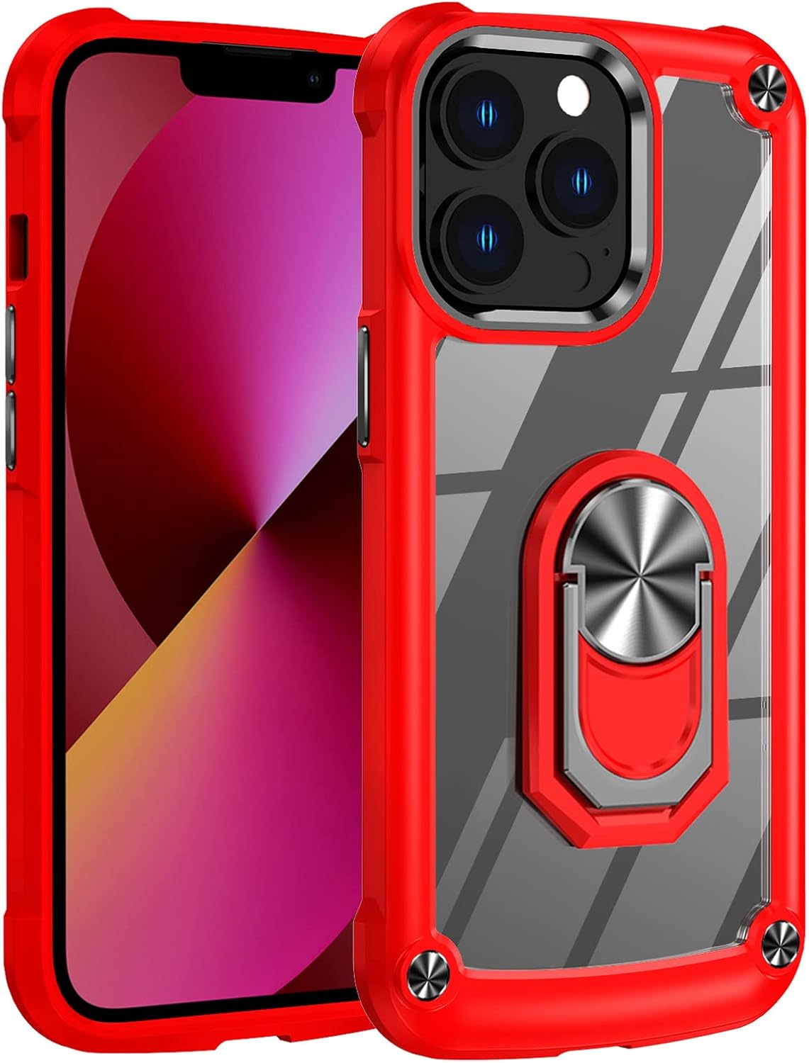 Funda para iPhone 13 Pro, placa trasera acrílica+TPU+diseño de agujero de cuerda, funda protectora para prevención de caídas, con anillo giratorio