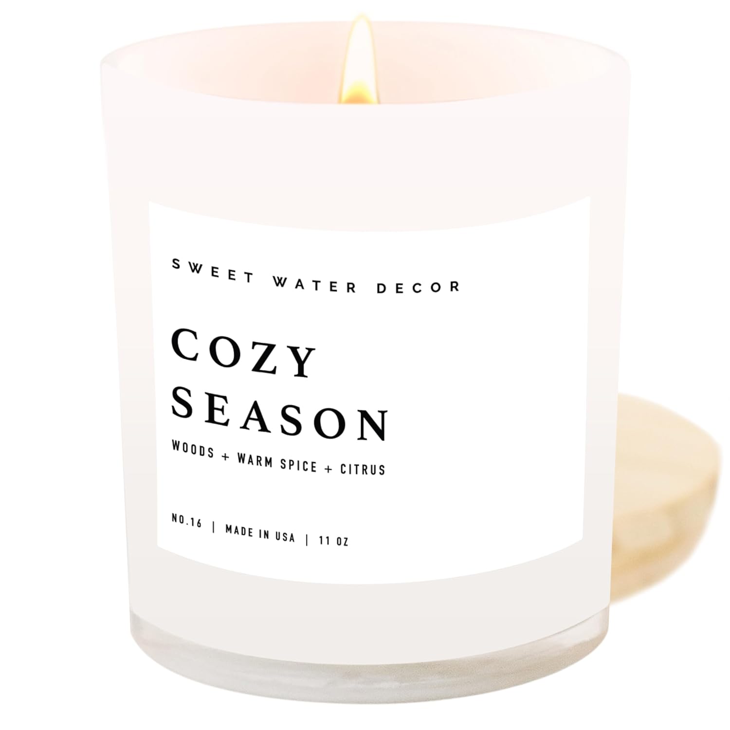 Sweet Water Decor Cozy Season Soy Candle  Woods, Warm Spice, and Citrus Fall Scented Candles for Home  11oz White Jar + Wood Lid, 50+ Hour Burn